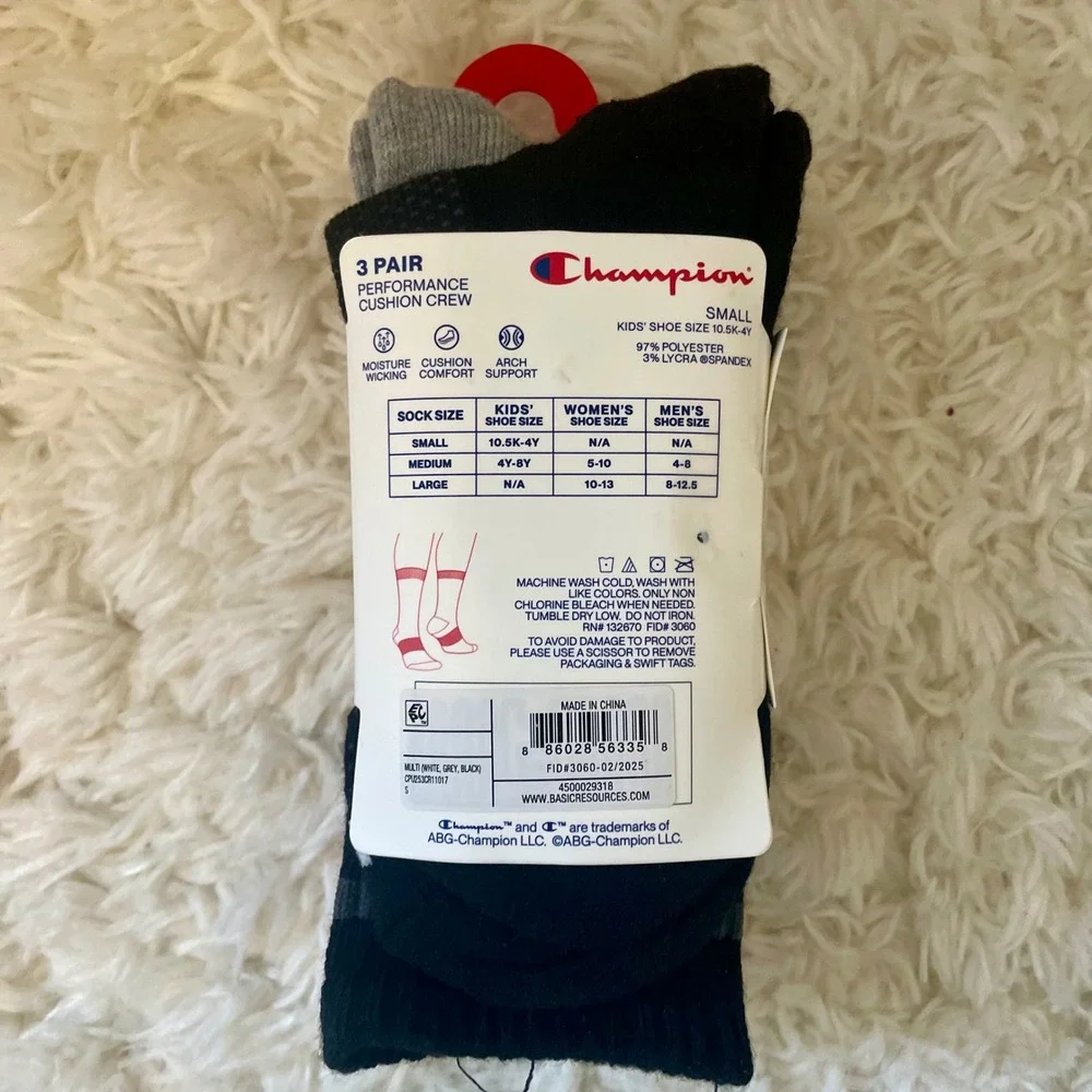 Champion Kids 3 Pair Crew Socks Sport Performance Cushion Small White Grey Black